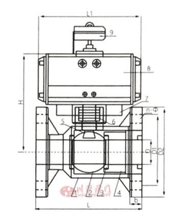 氣動(dòng)塑料法蘭球閥結(jié)構(gòu)圖